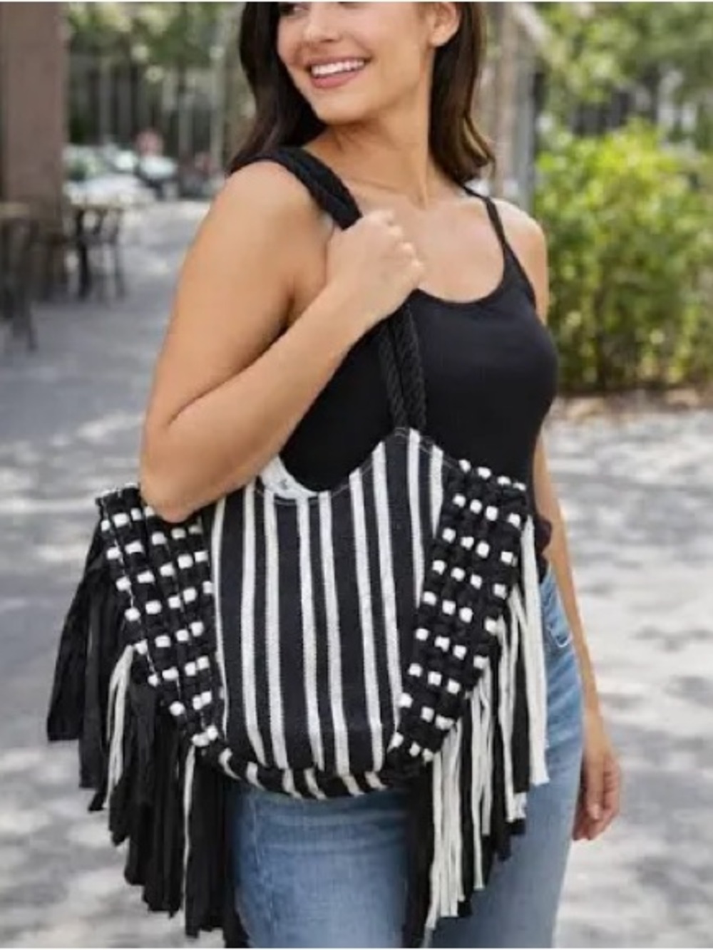 Black & White Striped Fringe Tote Bag - Picture 4 of 7